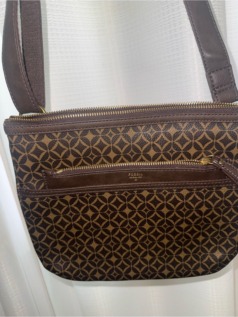 Fossil Brown and Tan Geo-Pattern Crossbody Bag